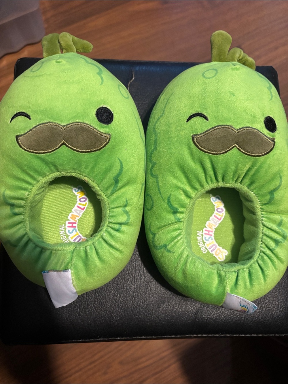 Squishmallows Green pickle Plush Kids Slippers with Mustache Face